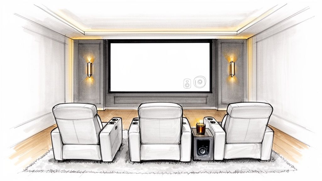 Detailed sketch of a home theater with white recliners, a large screen, and elegant wall lighting.