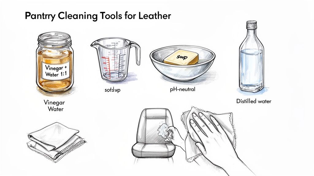 Illustration of pantry cleaning tools for leather including vinegar, water, pH-neutral soap, and cloths.