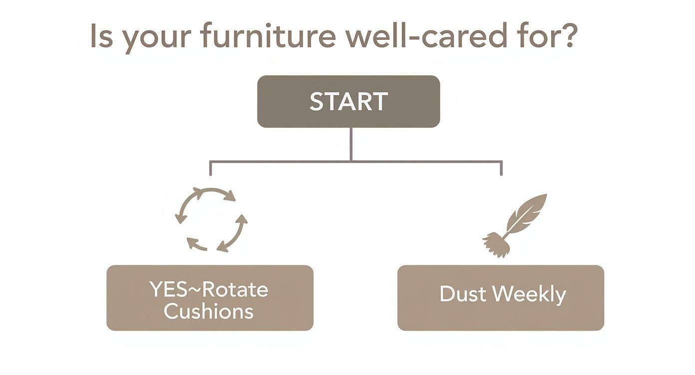 A simple flowchart asking 'Is your furniture well-cared for?' suggesting to rotate cushions and dust weekly.