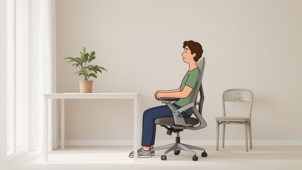 A man sits in a modern grey ergonomic office chair with proper posture next to a desk.
