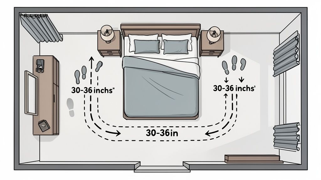 Top-down bedroom layout showing a bed, nightstands, wardrobe, and recommended 30-36 inch walking clearances.