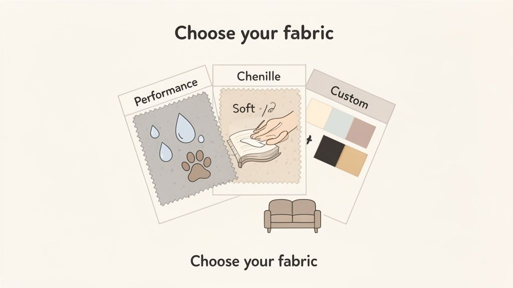 Three fabric swatches for sofas: Performance (water/paw print), Chenille (soft), and Custom colors, with a small sofa icon.