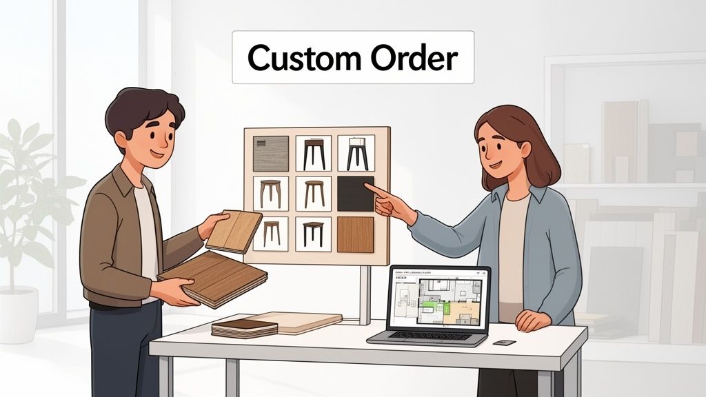 Two individuals discuss custom furniture options, examining material samples and a digital floor plan.