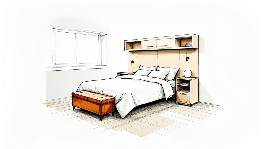 A well-organized small bedroom with a loft bed and smart storage solutions.