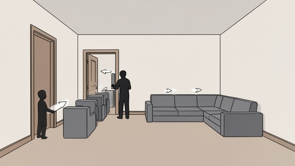An adult and a child arrange gray furniture, including chairs and a sectional sofa, in a room.