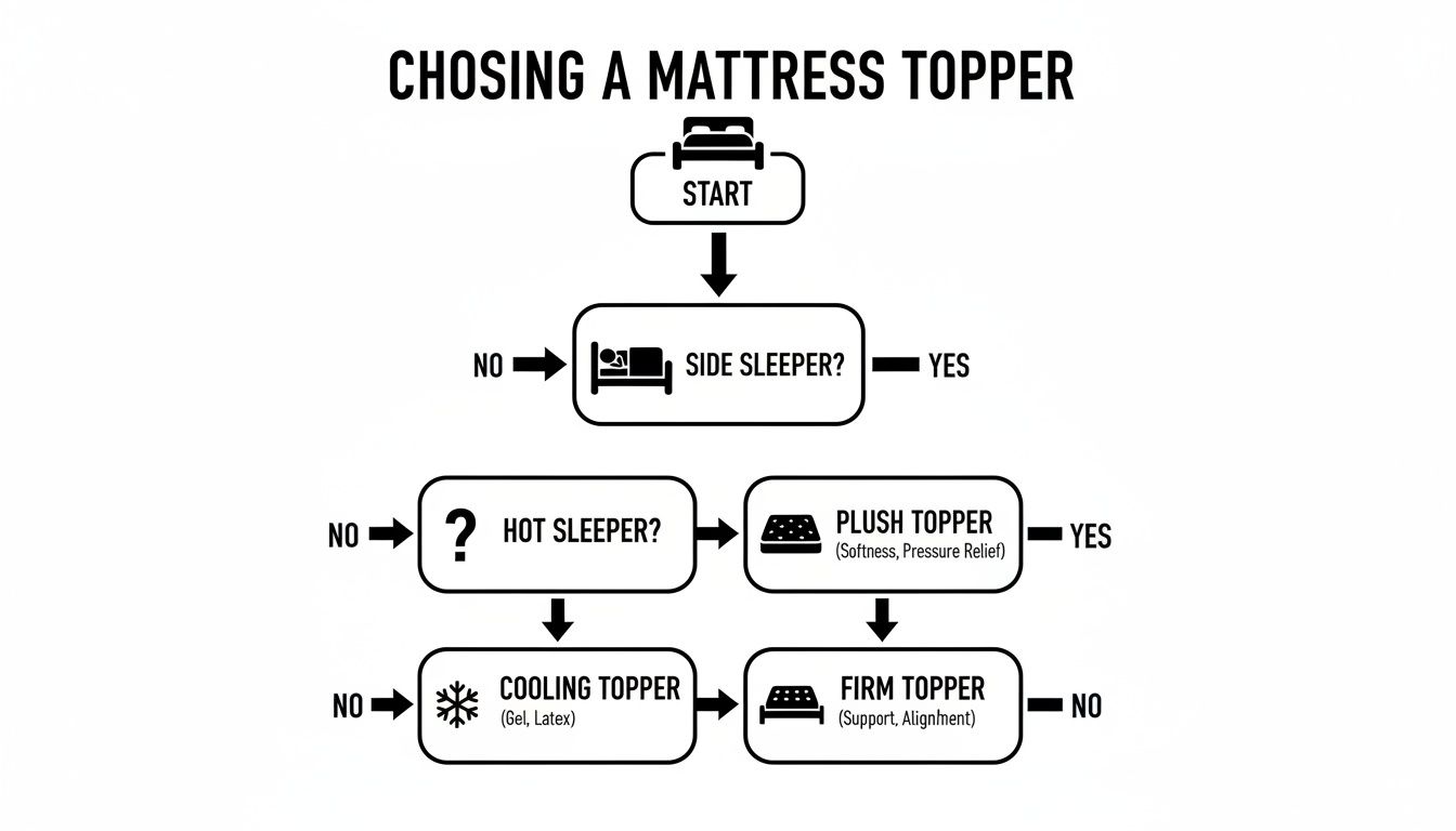 Flowchart guiding mattress topper selection based on sleeping position and temperature preference, recommending plush, cooling, or firm options.