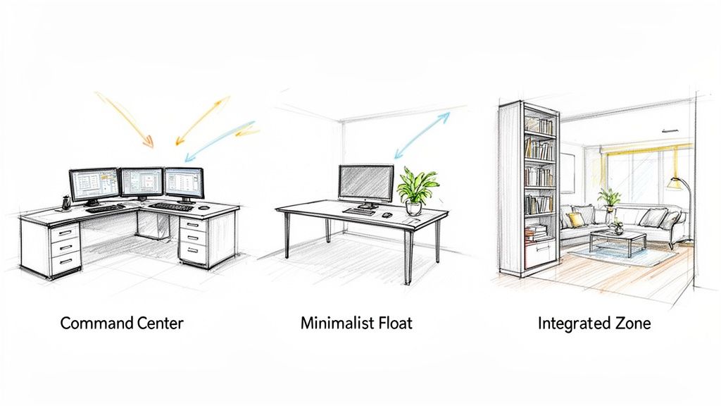 Three sketch drawings illustrating different home office desk setup ideas: command center, minimalist, and integrated zone.