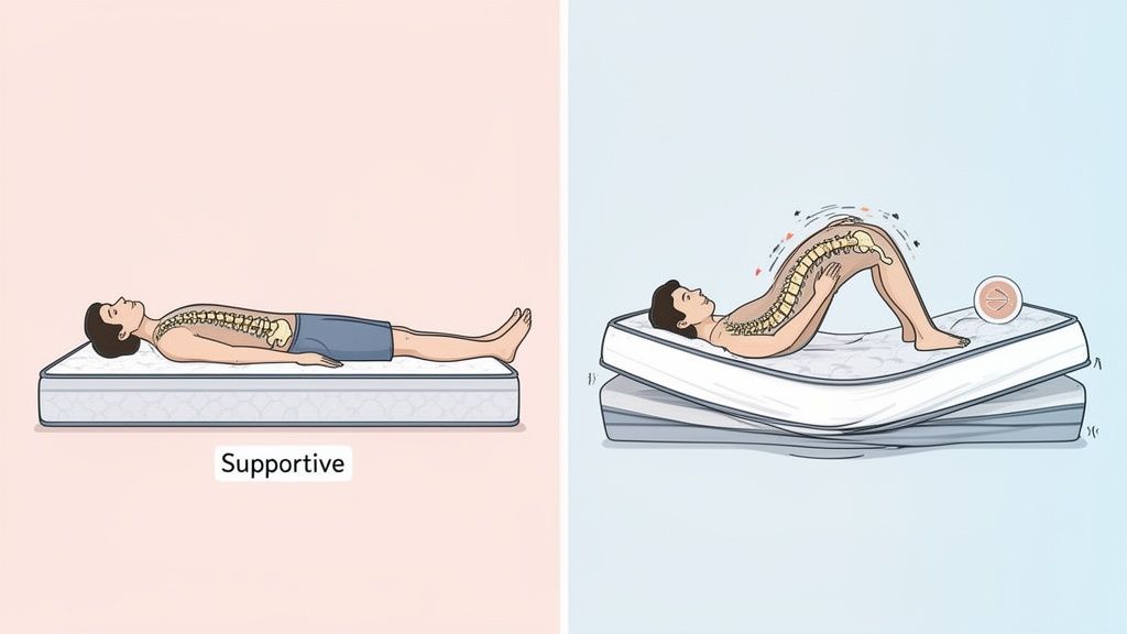Illustration comparing a supportive mattress with a sagging mattress, highlighting spinal alignment differences.