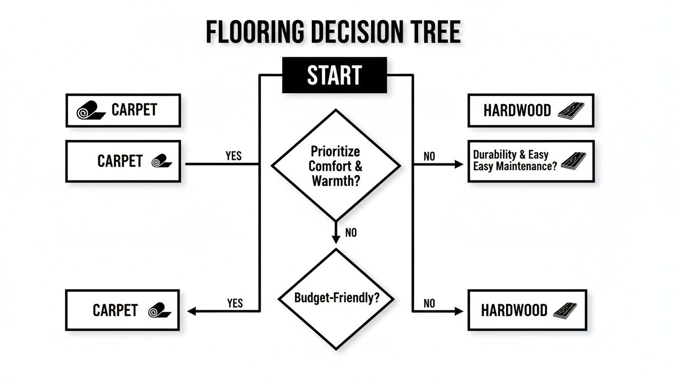 A flowchart for choosing flooring: carpet or hardwood, based on comfort, warmth, budget, durability, and maintenance priorities.