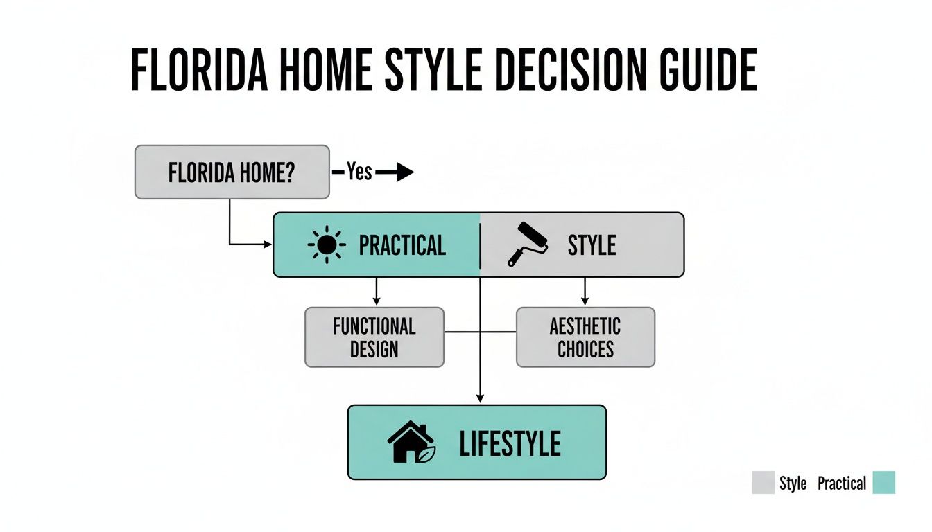 Flowchart illustrating the Florida home style decision guide, balancing practical and aesthetic choices for lifestyle.