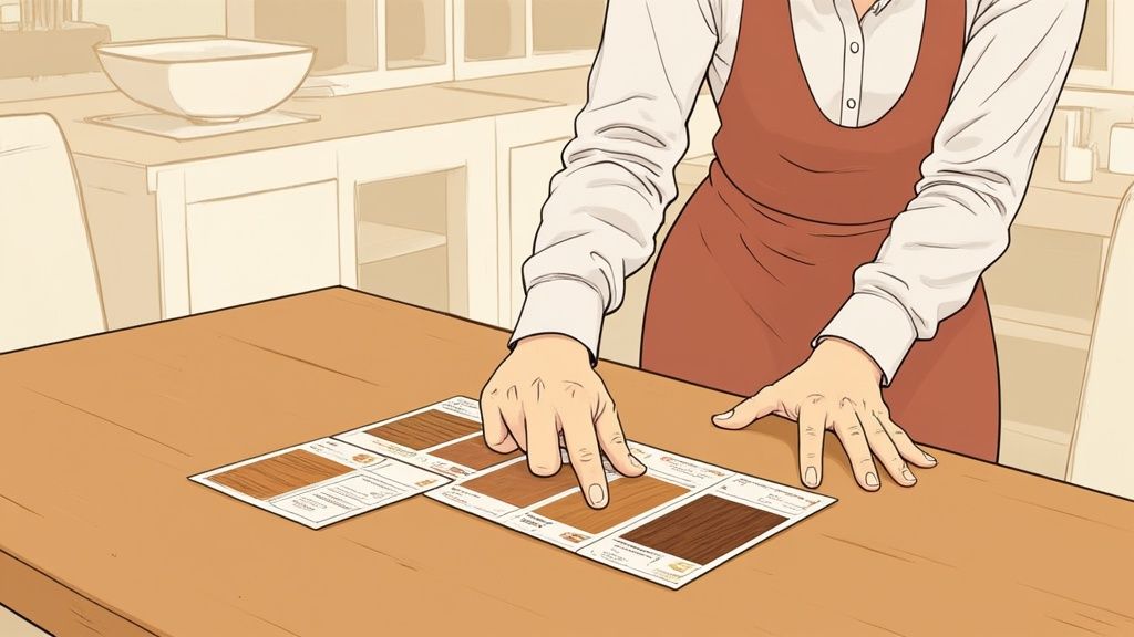 A person's hands point at various wood floor samples on a wooden table in a kitchen.