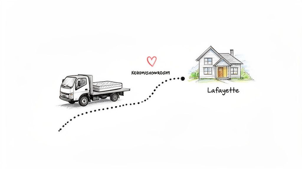 A sketch showing a mattress delivery truck traveling from Kokomi Showroom to a house in a house in Lafayette.