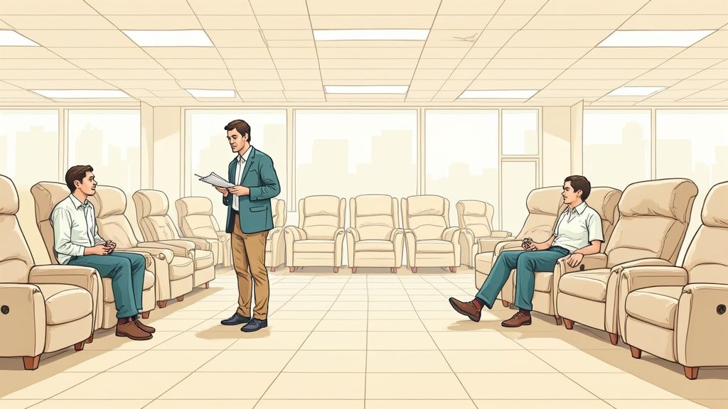 A welcoming view of BILTRITE Furniture's spacious showroom, with various recliners and sofas neatly arranged.