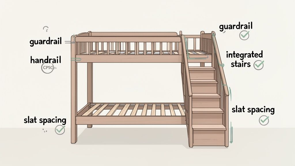 A diagram illustrating the safety features of a bunk bed, including guardrails, handrails, integrated stairs, and slat spacing.