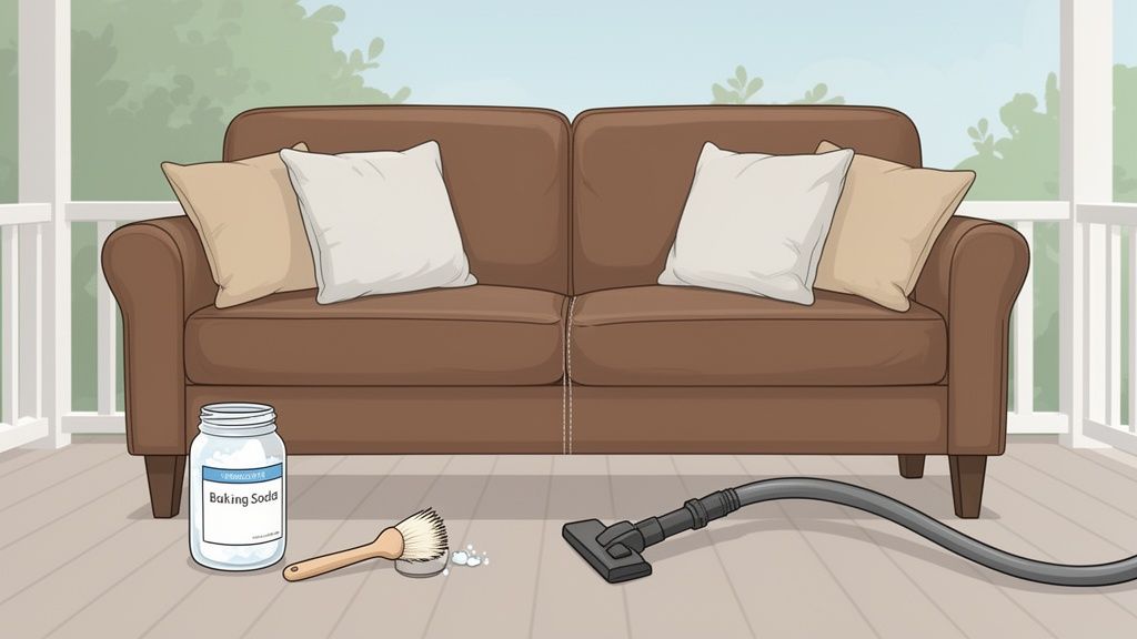 Tools for cleaning and deodorizing a brown leather couch, including baking soda and a vacuum.