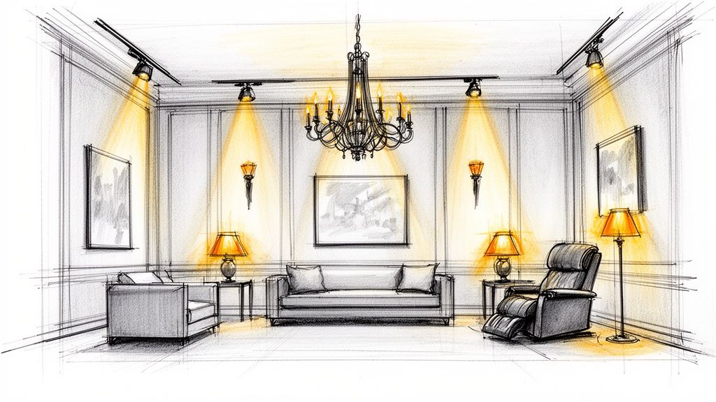 A detailed sketch of a living room with various lighting fixtures illuminating elegant paneled walls.