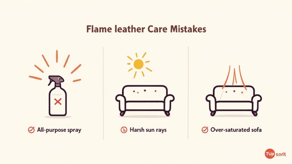 Visual guide on how to avoid damaging your flame leather sofa with cleaning products, sun, and moisture.