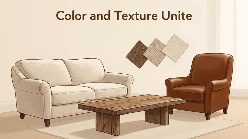 A cream sofa, brown leather armchair, rustic coffee table, and fabric swatches demonstrating color and texture harmony.
