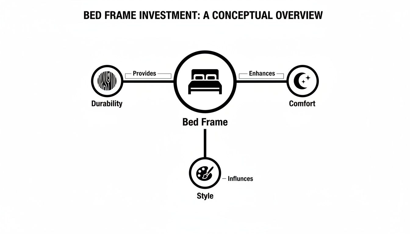 A conceptual diagram illustrates that a bed frame investment provides durability, enhances comfort, and influences style.