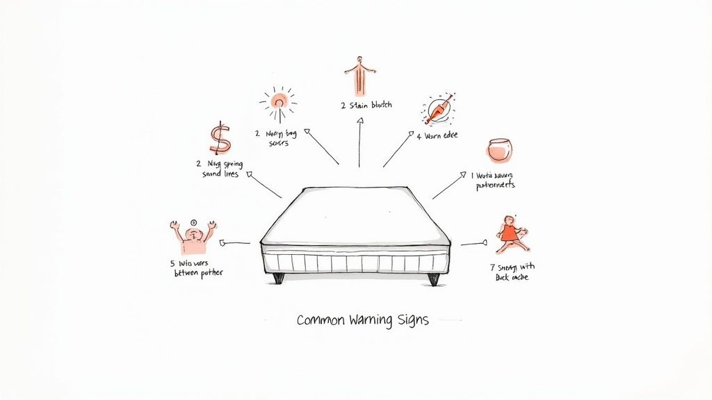 Illustration showing a mattress surrounded by common warning signs like stains, noise, worn edges, and back pain.