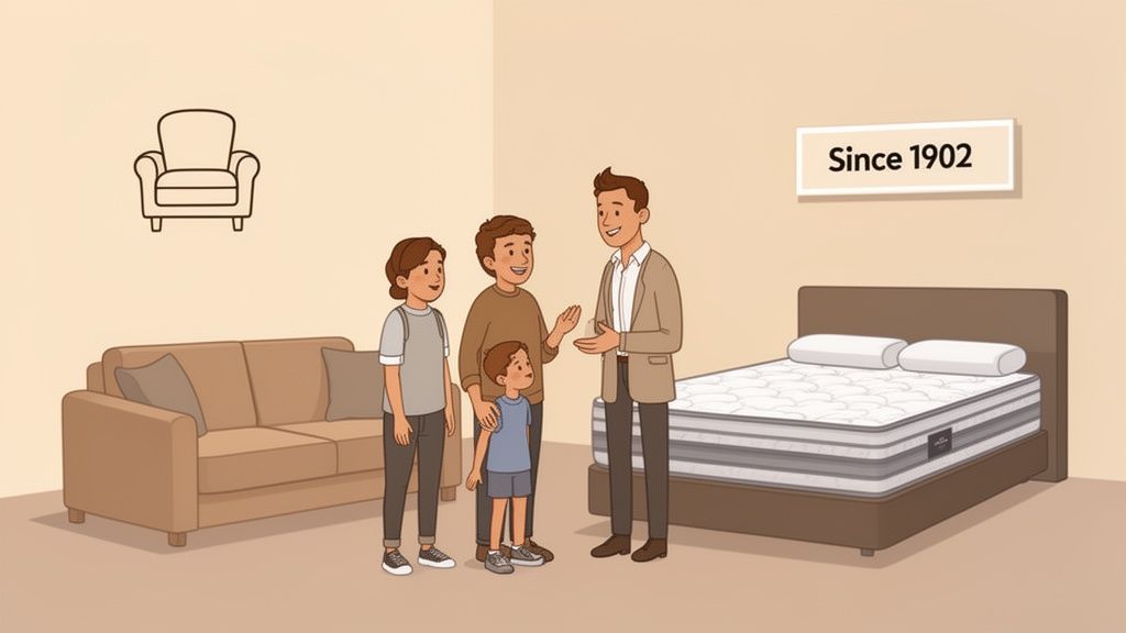 A family talks with a salesman in a furniture store featuring beds and sofas.