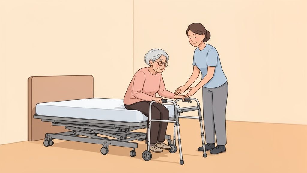 A caregiver assists an elderly woman transferring from an adjustable bed to a walker in a room.