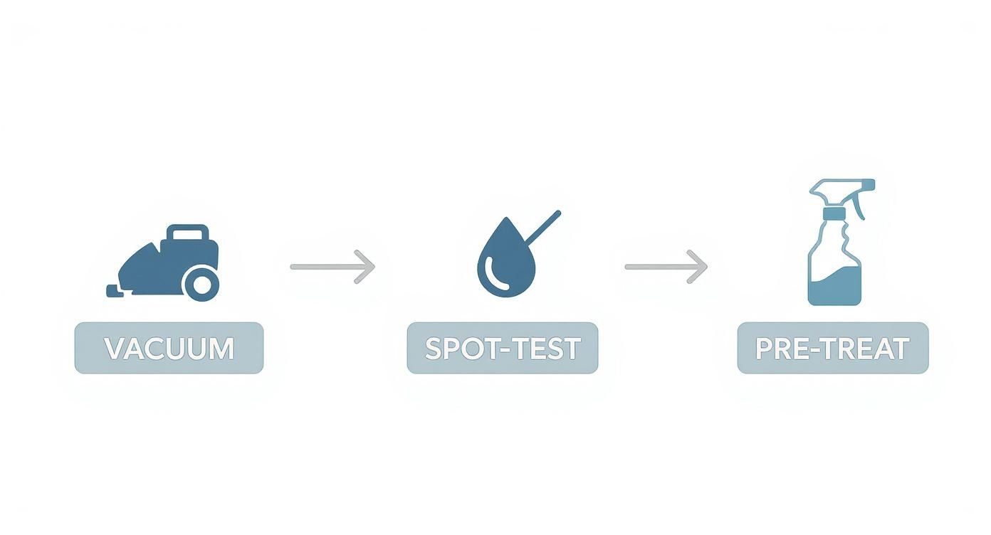 Icons illustrating the steps: vacuum, spot-test, and pre-treat for effective cleaning preparation.