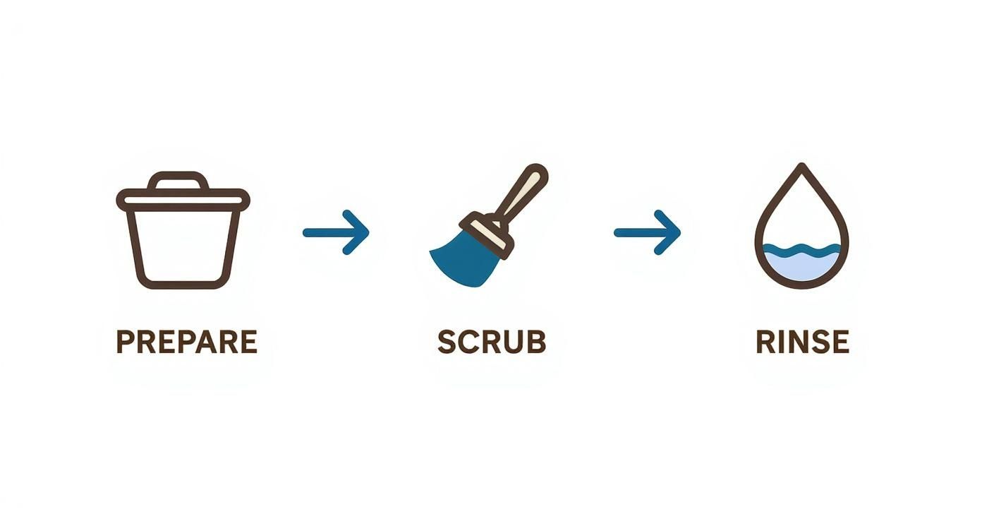 A three-step process diagram with icons for prepare (bucket), scrub (brush), and rinse (water droplet).