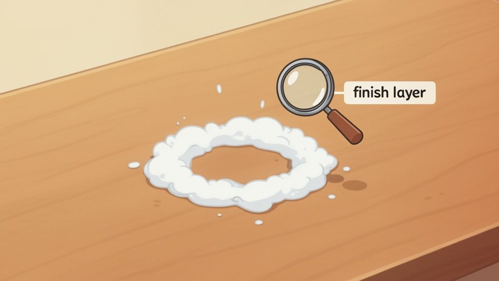 A magnifying glass inspects a white, powdery ring on a wood surface, labeled 'finish layer'.