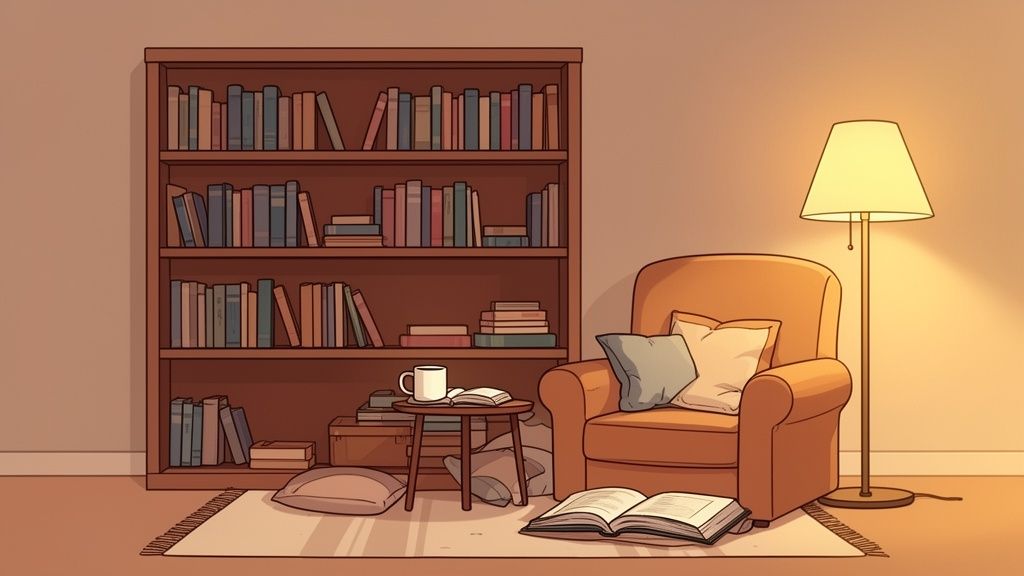 Cozy reading nook featuring a full bookshelf, comfortable armchair, and warm lamp light.
