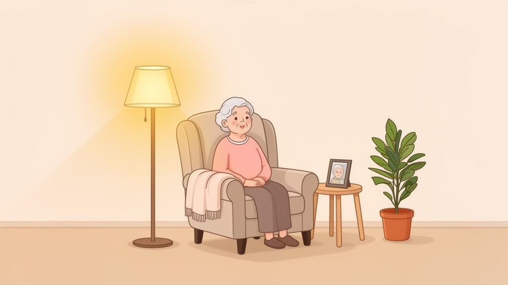 A happy elderly woman rests in a cozy armchair in a warm, well-lit room.