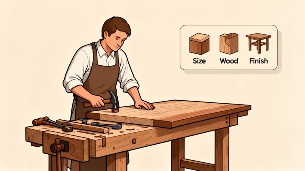 A craftsman works at a wooden workbench, hammering a piece of wood, with design options shown.