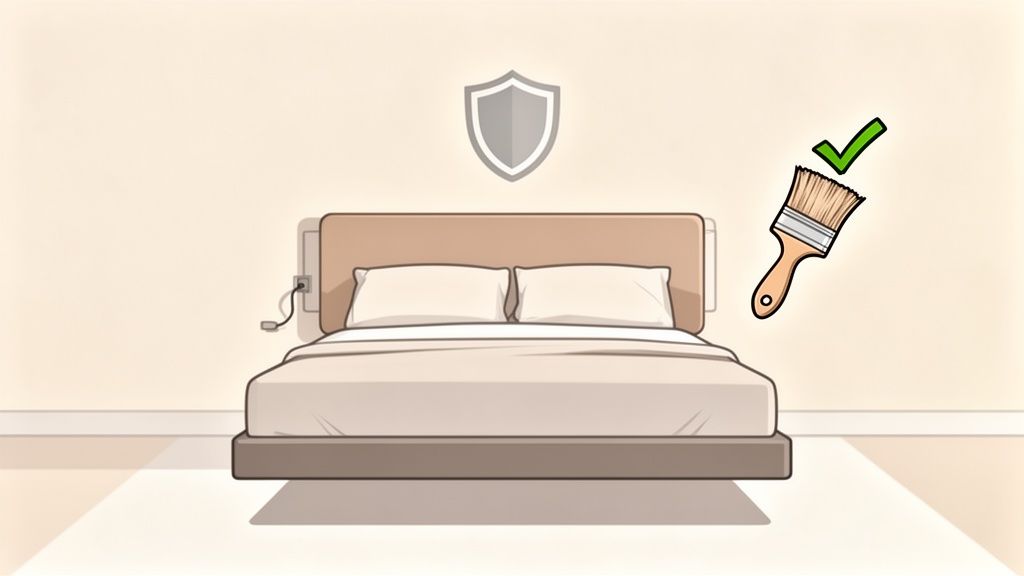 A minimalist bedroom featuring a bed with headboard, a shield icon, and a paintbrush with a green checkmark.