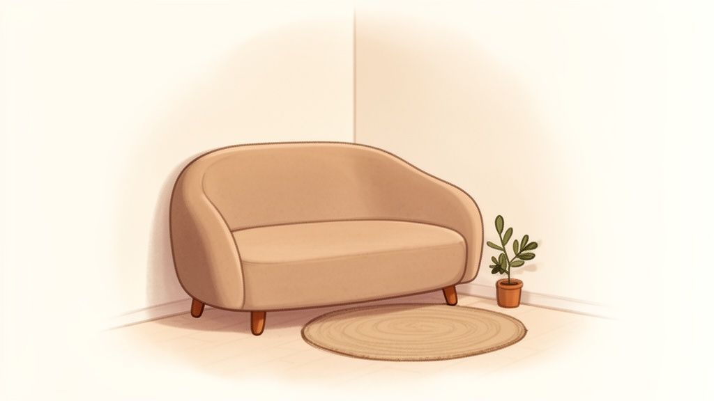 A cozy, minimalist living room corner with a light brown couch, round rug, and small plant.