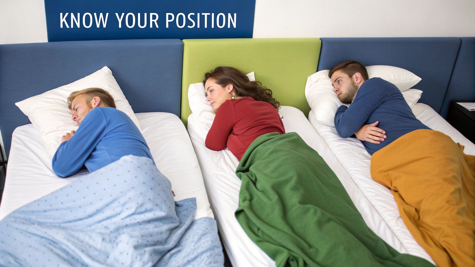 Three individuals sleeping in different side positions on separate beds, illustrating various sleep postures.
