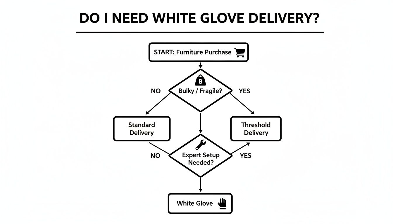 Flowchart guiding on when to choose white glove delivery for furniture based on item type and setup needs.