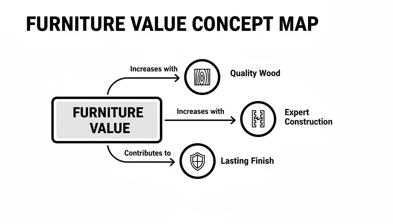 Concept map illustrating furniture value, showing it increases with quality wood and expert construction, leading to a lasting finish.