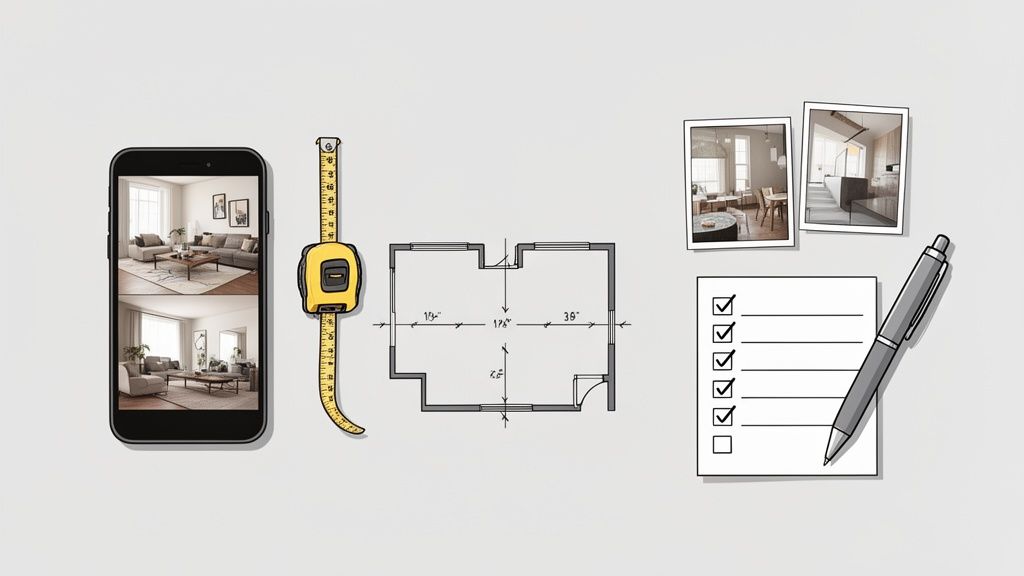 Various tools for home design: phone, tape measure, floor plan, room photos, and a checklist.