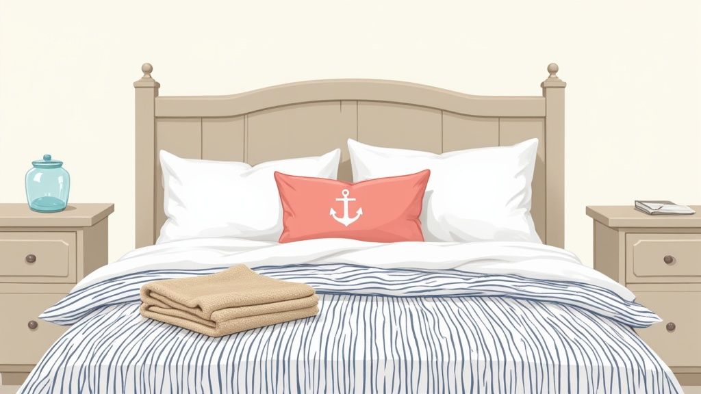 A cozy nautical themed bedroom with a light wood bed, blue striped duvet, and anchor pillow.