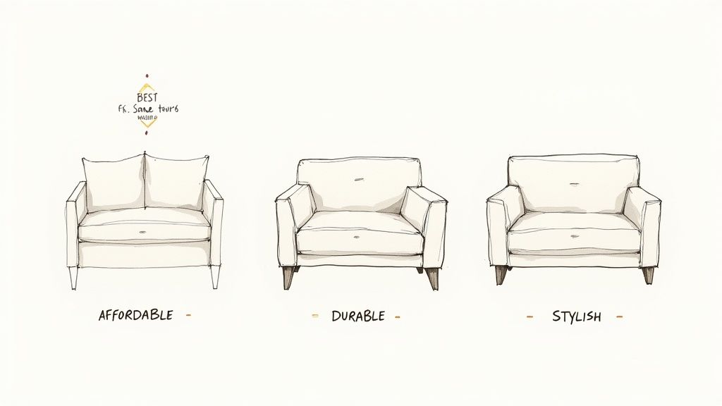 Hand-drawn comparison of three armchairs illustrating affordable, durable, and stylish types.