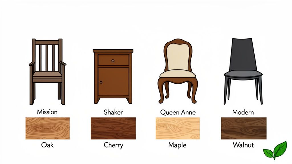 Illustration of four furniture styles: Mission, Shaker, Queen Anne, Modern, with associated wood types.