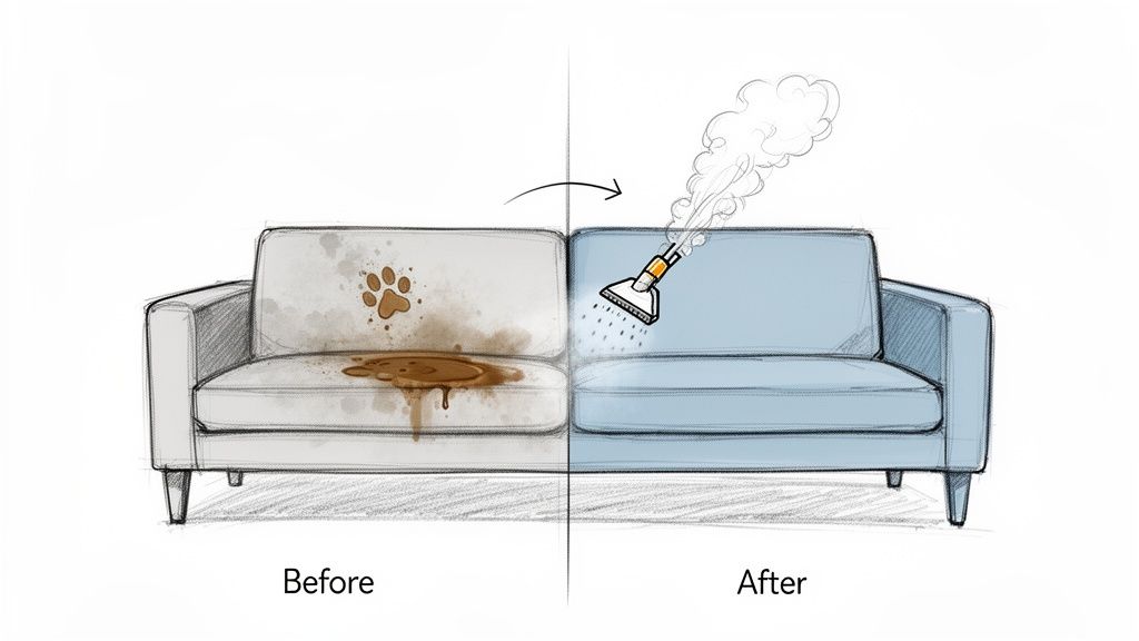 A before-and-after image showing a dirty couch with paw prints and a spill, transformed into a clean, steam-cleaned sofa.