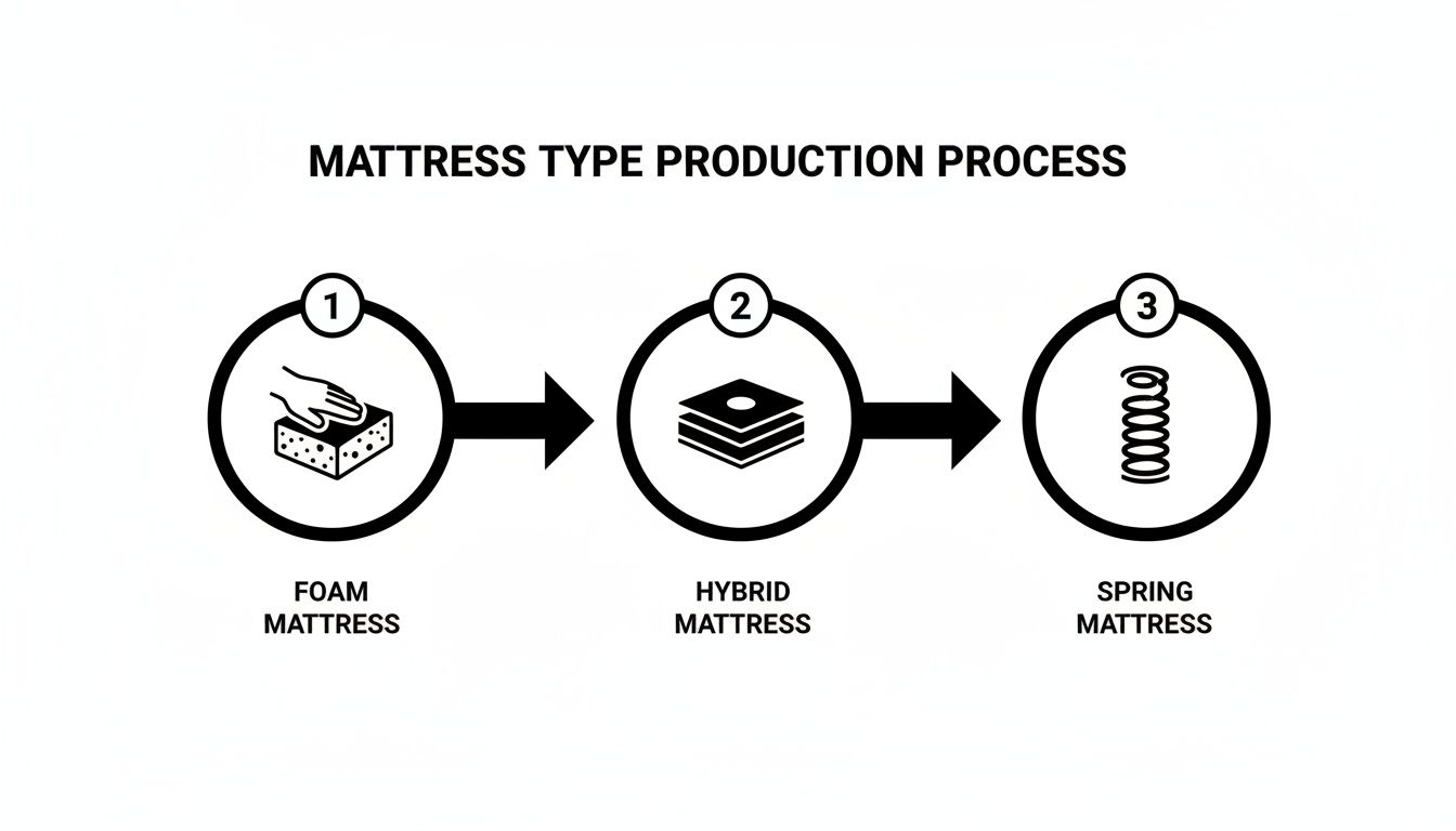 A black and white diagram illustrates the mattress production process, showing foam, hybrid, and spring mattress types sequentially.