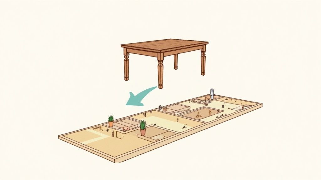 Wooden table transforming into miniature carpentry workshop showing furniture craftsmanship process