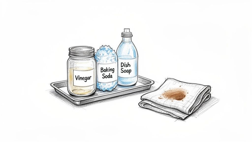 Illustration showing a jar of vinegar, baking soda, dish soap, and a stained cloth for cleaning.