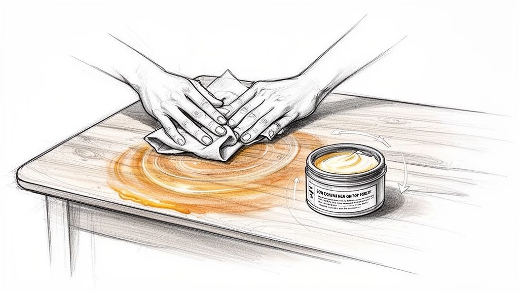 Hands polishing a wooden table with a cloth, applying wood polish from a container in circular motions.