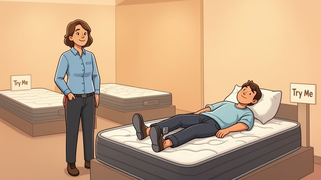 A smiling woman observes a man testing a mattress in a store with 'Try Me' signs.