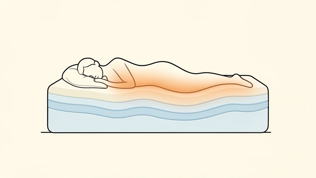 Illustration of a person sleeping on a mattress, showing body heat distribution and contouring.
