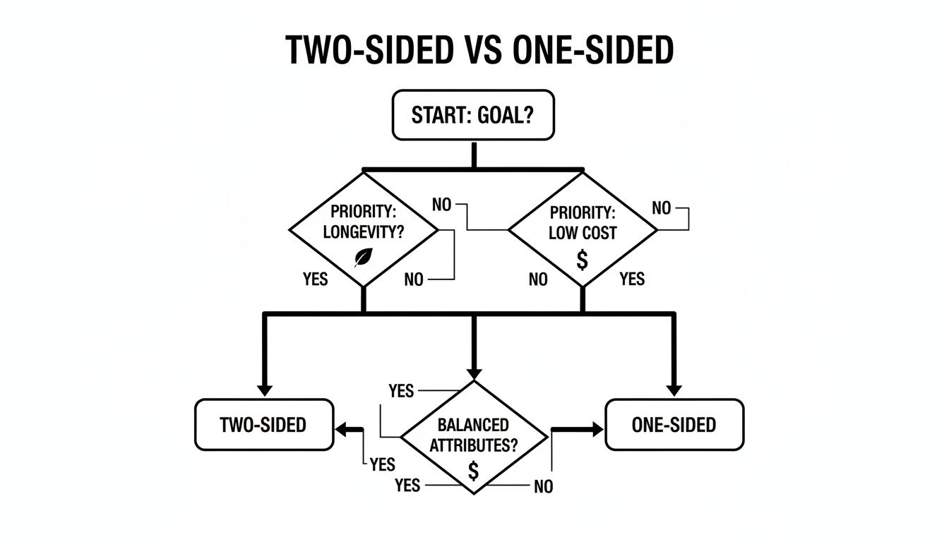 Flowchart illustrating decisions between two-sided and one-sided options based on priorities like longevity and cost.