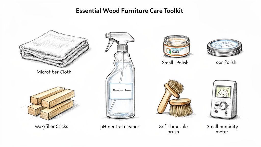 An illustration of an essential wood furniture care toolkit with cleaning, repair, and monitoring items.